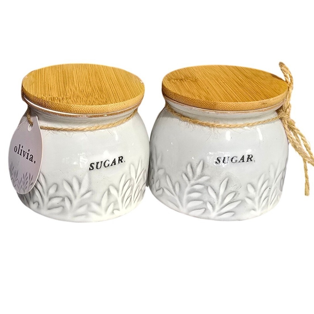 Set of 2 White Ceramic Sugar Canisters with Bamboo Lids and Jute Twine Accent